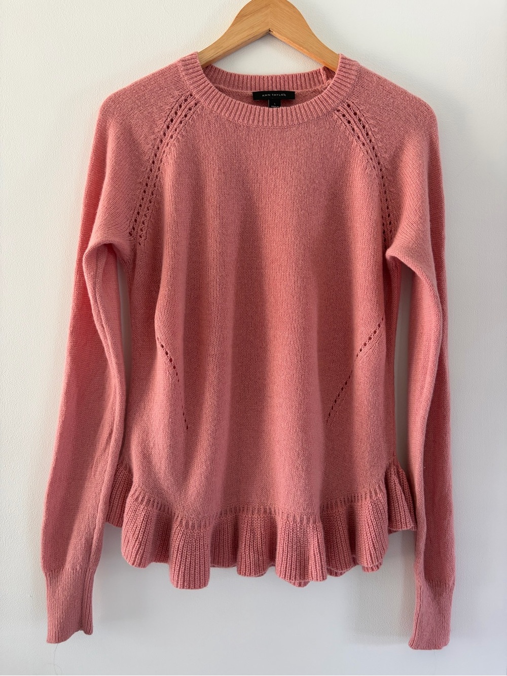 Ann Taylor Size Large Pink Ruffle Hem Peplum Crewneck Sweater Wool Cashmere
